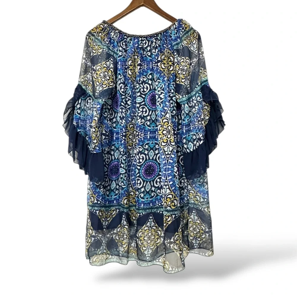 Urban Mangoz Blue Women’s‎ size L Bohemian Patterned Tunic Dress (D11)
